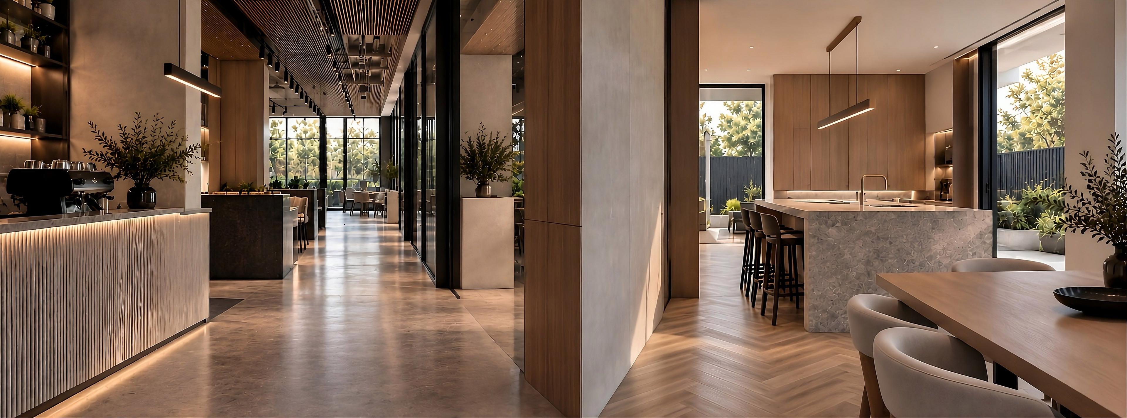 A warm commercial interior: a fluted stone service counter, a polished concrete corridor, and a timber and stone kitchen island with a dining table.